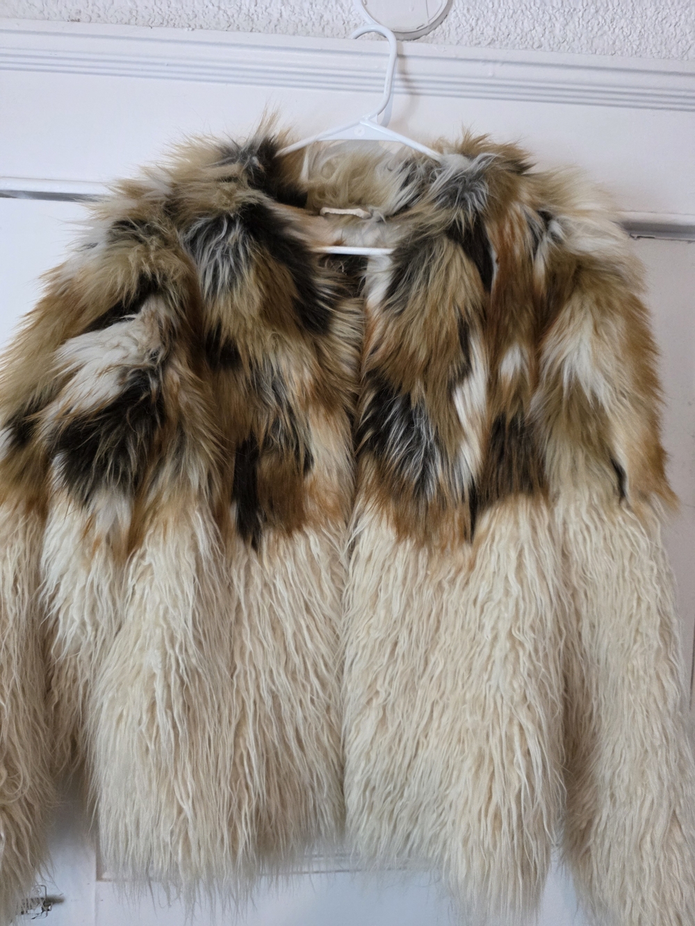 New York & Company Cream and Brown Faux Fur Patchwork Jacket